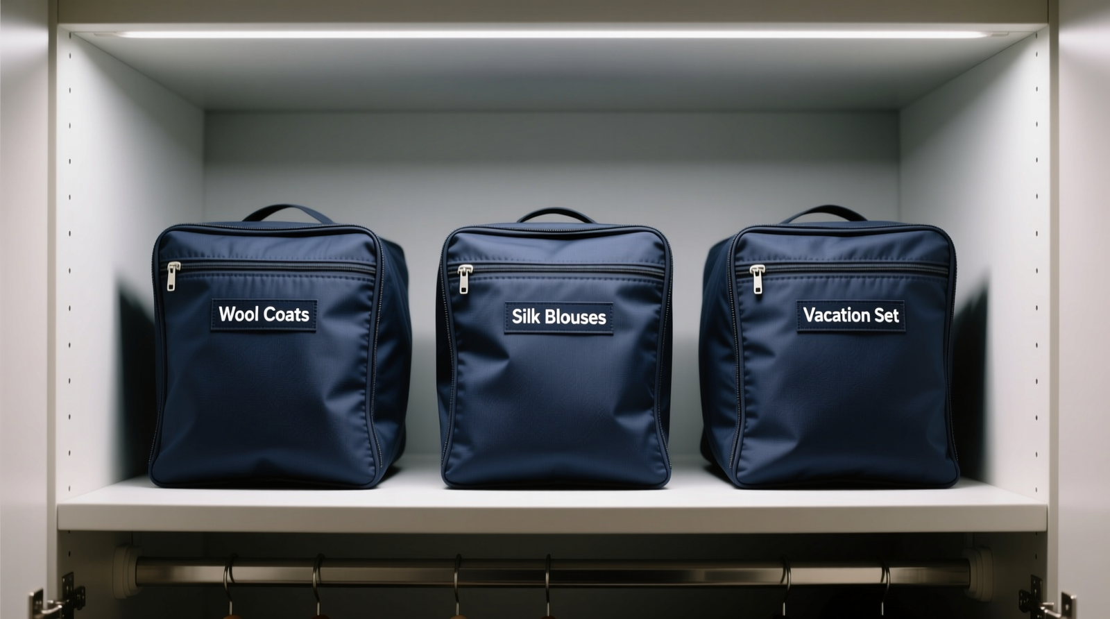 A narrow, 22-inch-deep closet shelf with three identical foldable garment bags standing vertically, labeled 'Wool Coats', 'Silk Blouses', 'Vacation Set'; all bags are flat, fully zipped, and aligned flush with shelf edge—no overhang or sagging