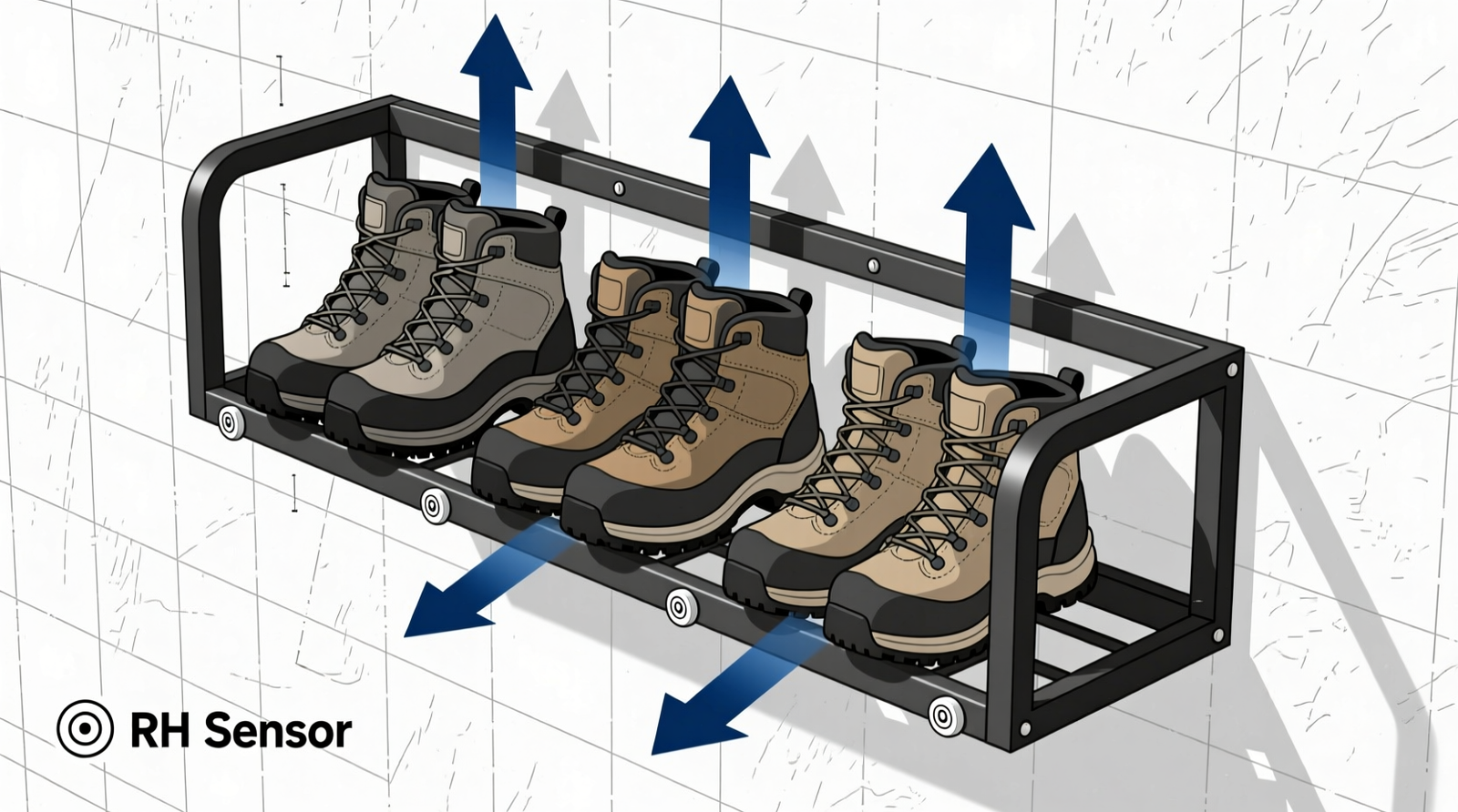 A well-organized mudroom corner showing angled boot drying rack, labeled silicone-lined bins at floor level, wall-mounted mesh gear bags hung low and away from coat rods, and a rubber-backed mat beneath all elements
