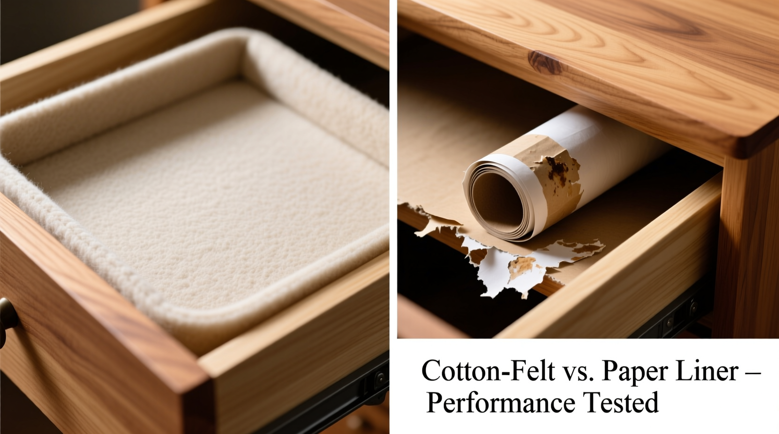 Side-by-side comparison showing a cotton-felt drawer liner lying flat and gripped in a maple drawer versus curled, lifted shelf paper with visible adhesive residue on the same drawer base