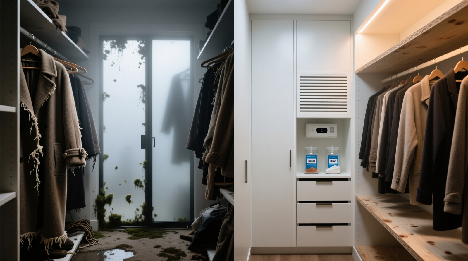 Side-by-side comparison: left shows a cluttered, fogged-up closet with visible mold on wool coat hems; right shows an organized, climate-controlled closet with recessed dehumidifier unit, labeled silica packs, and vapor-barrier backing on plywood shelves