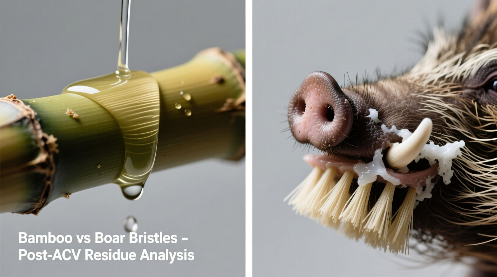 Side-by-side macro photography: left, bamboo bristles showing uniform vinegar runoff and no trapped residue; right, boar bristles with visible white polymer film clinging to keratin ridges after identical ACV treatment