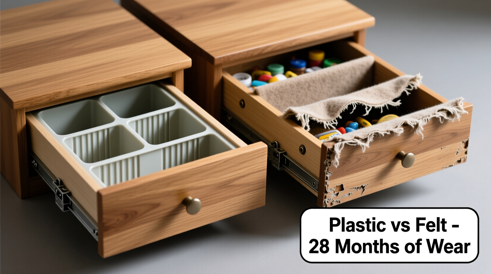 Side-by-side comparison showing molded plastic drawer inserts maintaining crisp, vertical compartments beside sagging, misaligned felt dividers in identical oak drawers after 28 months of identical usage