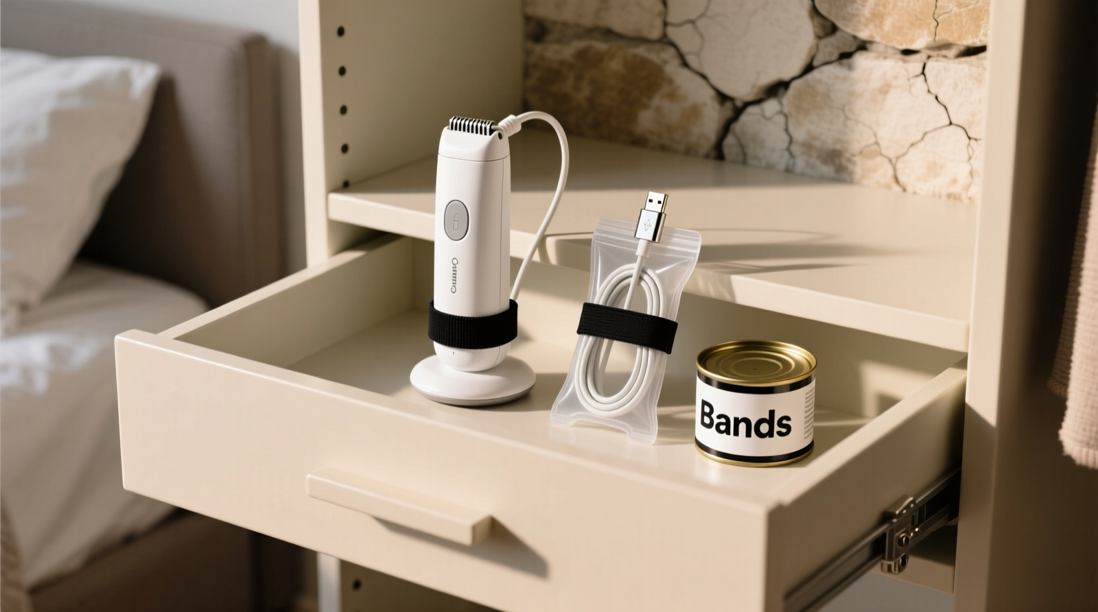 A shallow, cream-lined drawer beneath a floating closet vanity, containing a white cordless pet nail grinder standing upright, secured with matte black Velcro strips; beside it rests a labeled silicone sleeve holding a coiled USB-C cable and a small film canister marked 'Bands'