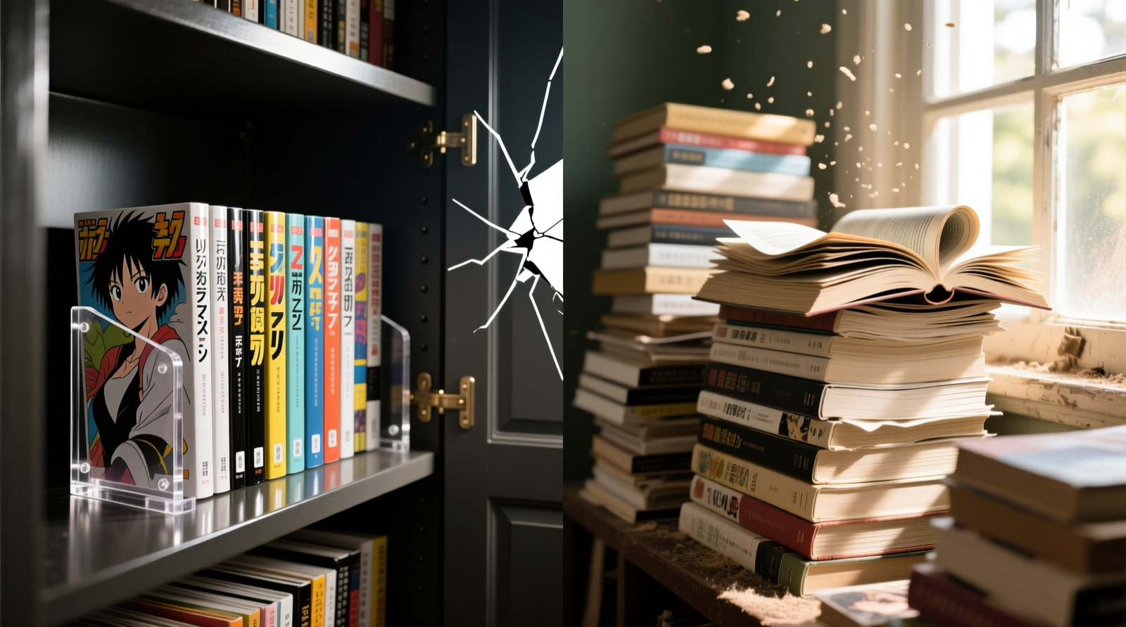 A custom closet shelf showing vertically arranged manga in chronological order with foam-core spine supports behind each row, acid-free bookends at both ends, and labeled dividers separating series like 'My Hero Academia' and 'Demon Slayer'