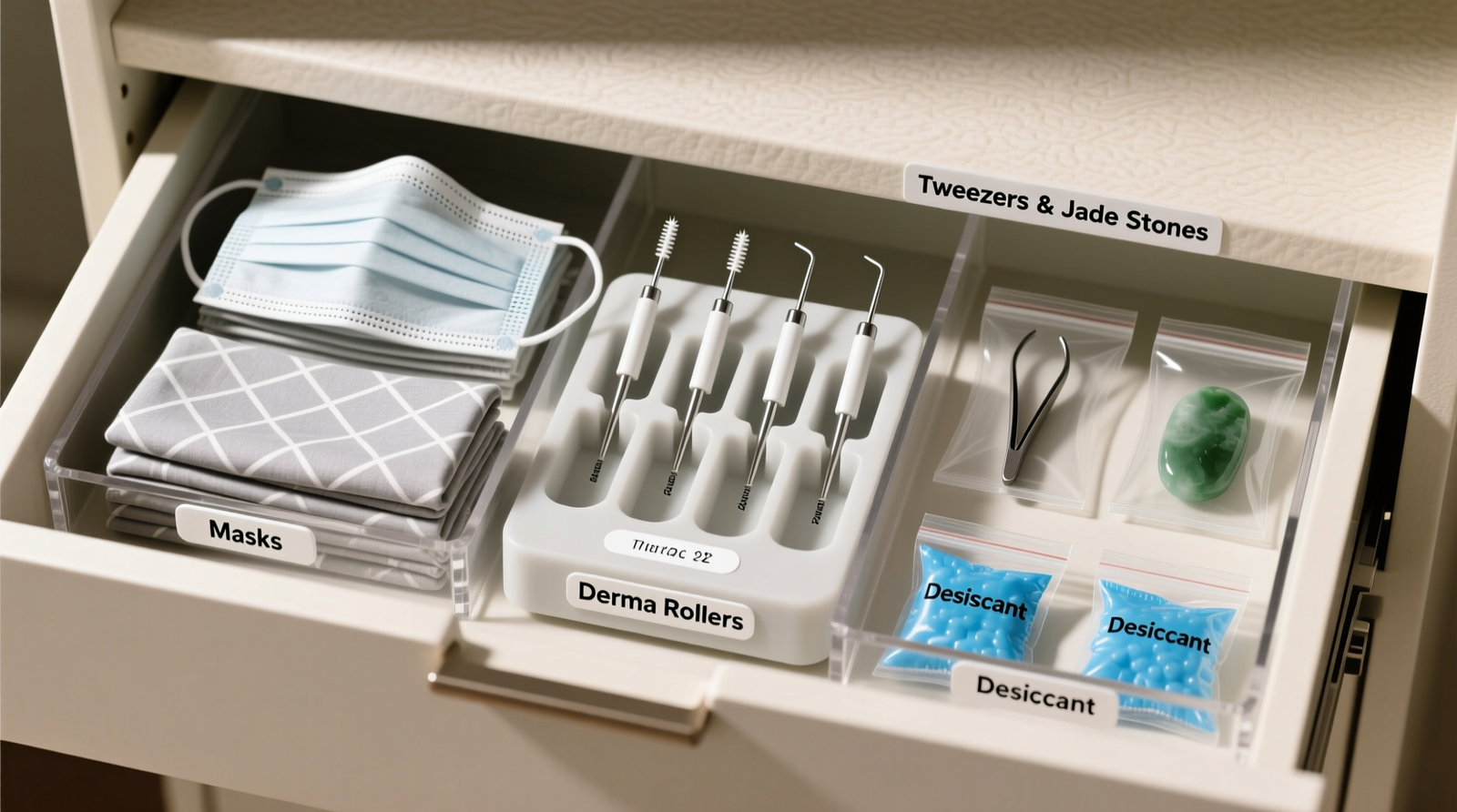 A narrow, well-lit closet interior showing a labeled acrylic bin for masks on a shelf, a stainless steel magnetic strip mounted on the door with tweezers and jade rollers aligned vertically, and a breathable mesh pouch hanging beside it—all within a 12-inch vertical span