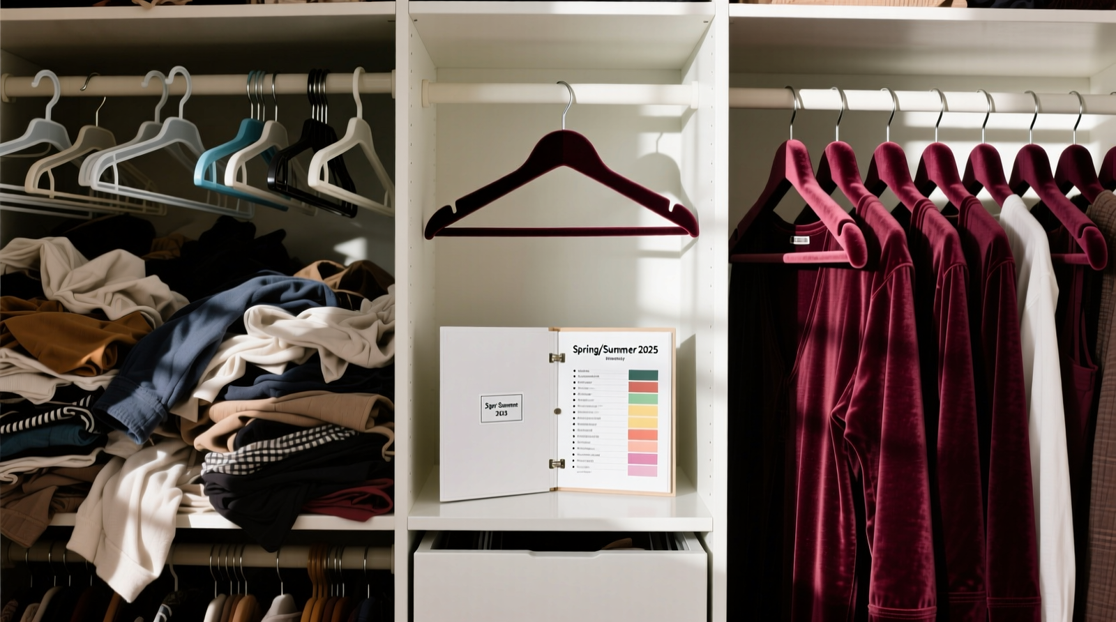 Side-by-side comparison: left shows a cluttered closet with mismatched hangers and buried garments; right shows the same space with uniform velvet hangers, all facing forward, and a small labeled binder on the shelf containing a 2-page seasonal inventory sheet