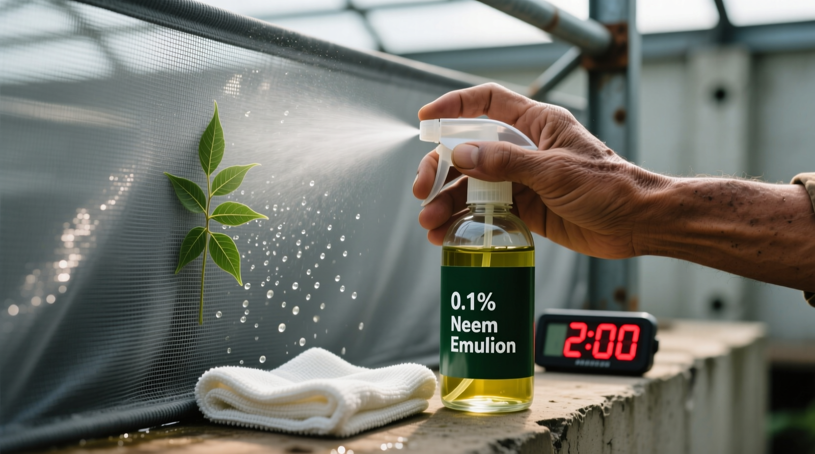 Close-up photo of hands applying a fine neem oil mist to gray polyester mesh carrier walls, with a glass spray bottle labeled '0.1% Neem Emulsion' visible beside a clean microfiber cloth and digital timer set to 2 hours