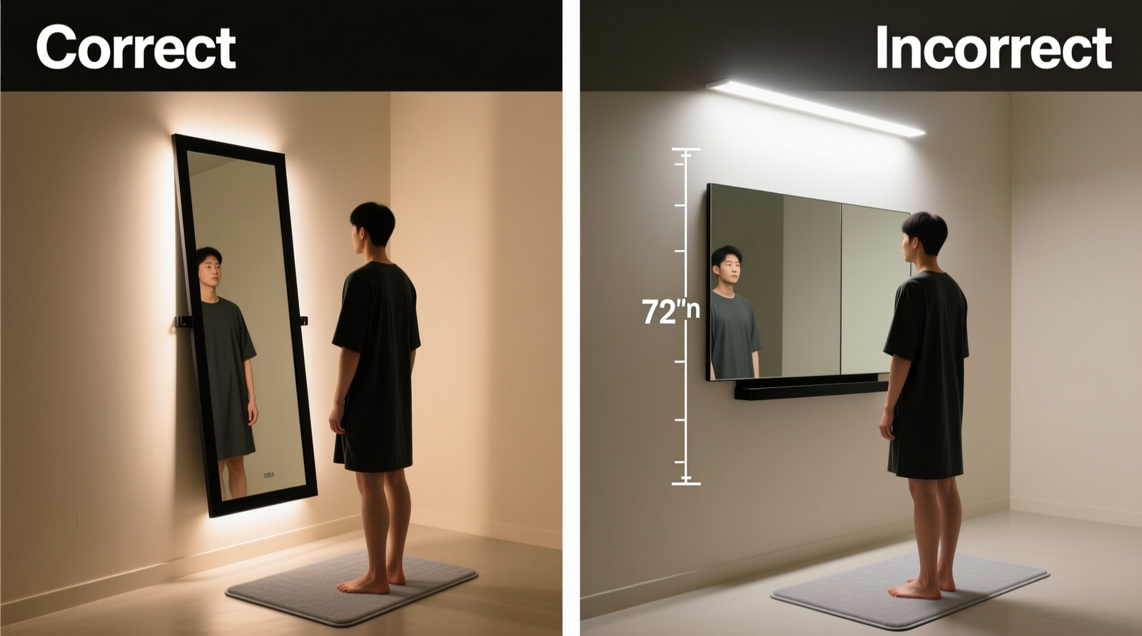 Side-by-side comparison showing correct posture mirror placement: wall-mounted at 56 inches height, tilted 6 degrees forward, with neutral LED lighting; person stands barefoot, arms relaxed, observing side profile for sleeve drape and hem alignment