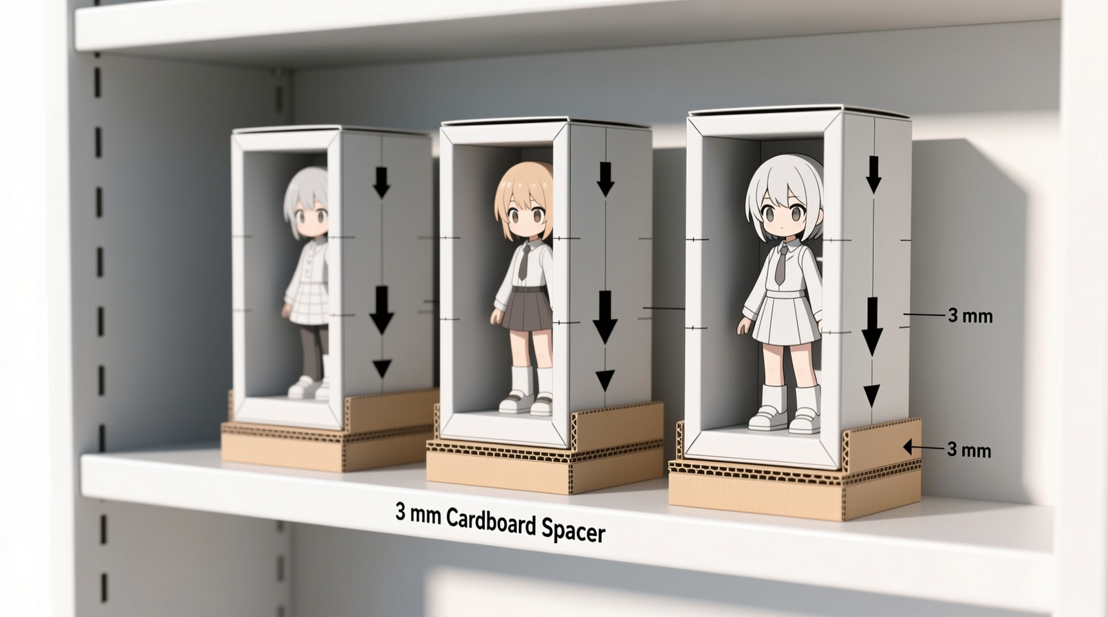 Side-view diagram showing three anime figure display boxes stored vertically spine-out on a deep shelf, each separated by identical 3 mm cardboard spacers; arrows indicate downward gravitational force aligned with box spine and lateral force absorption by spacers