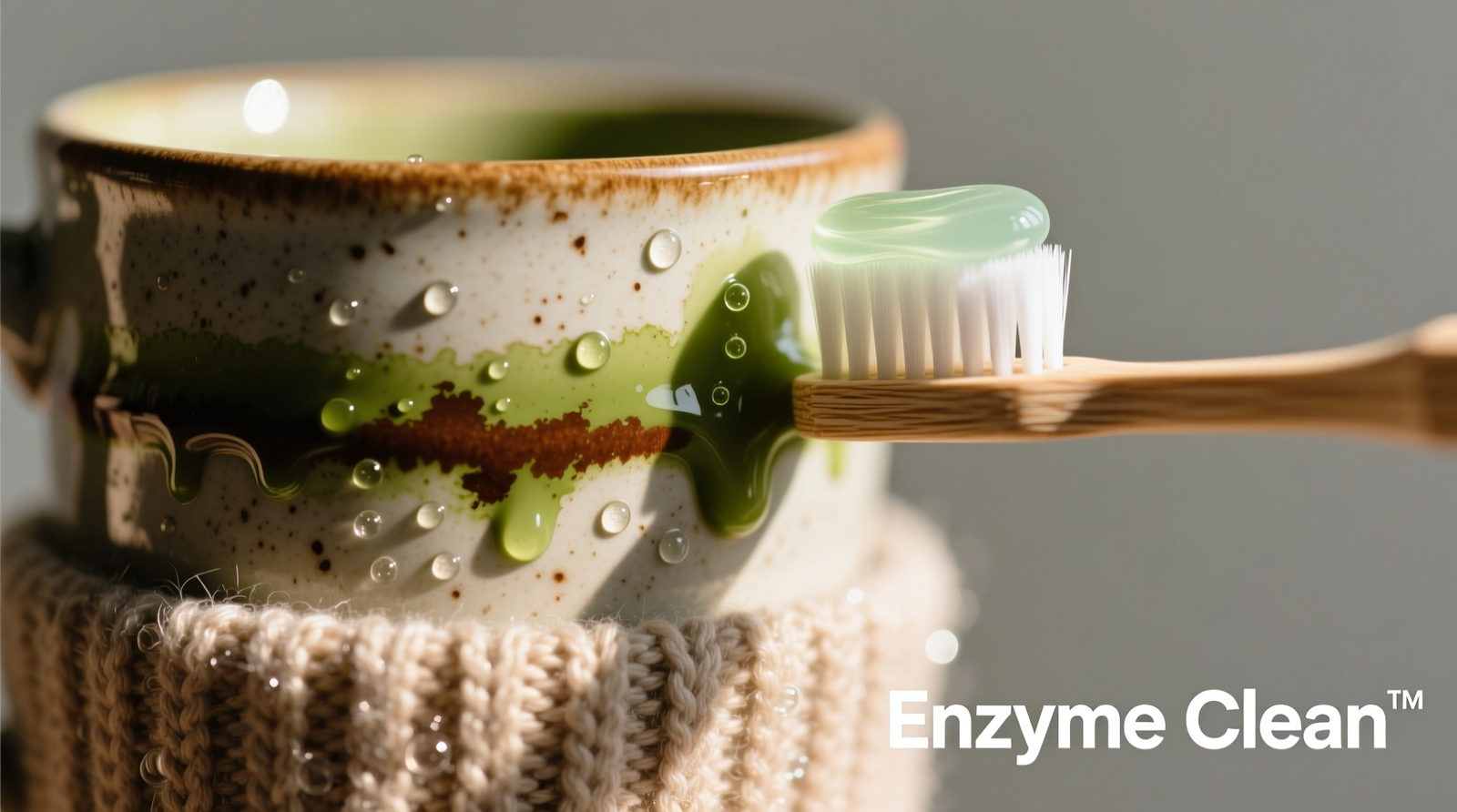 Close-up of a ceramic mug sleeve with a visible greenish-brown matcha stain on the outer ceramic band, next to a soft-bristled toothbrush applying a clear enzymatic gel directly onto the stain, with cool water droplets visible on the knit cuff below