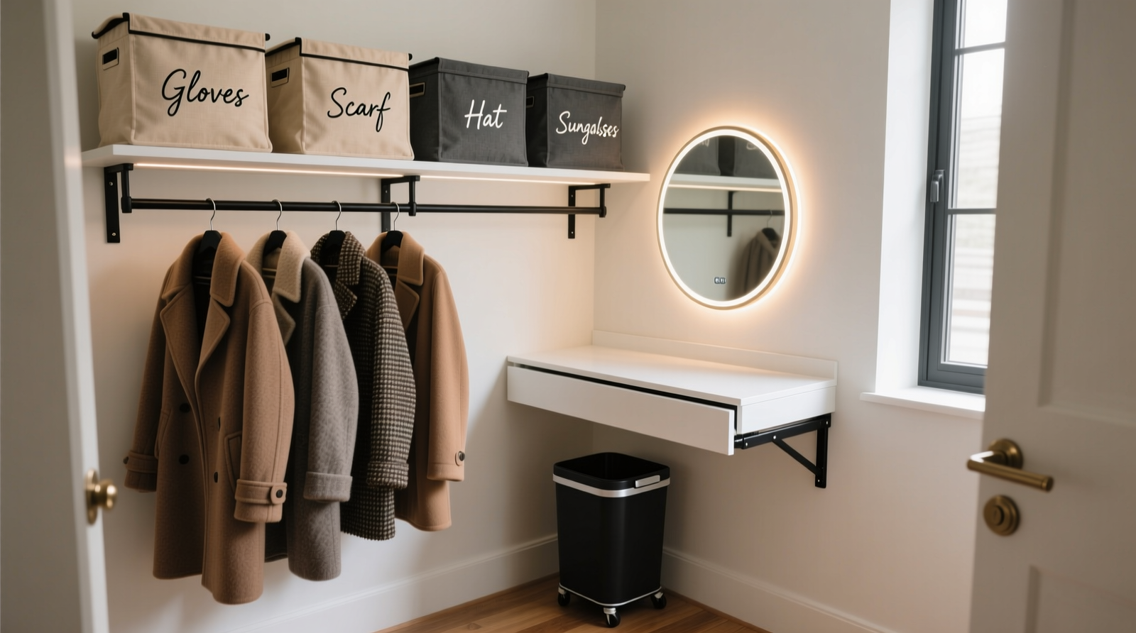 A narrow coat closet showing a sleek white fold-down vanity shelf extended mid-height, with a compact round mirror and LED strip; below it, neatly hung winter coats on slim hangers; above the shelf, labeled canvas bins for accessories; and a low-profile rolling bin tucked beneath the rod.