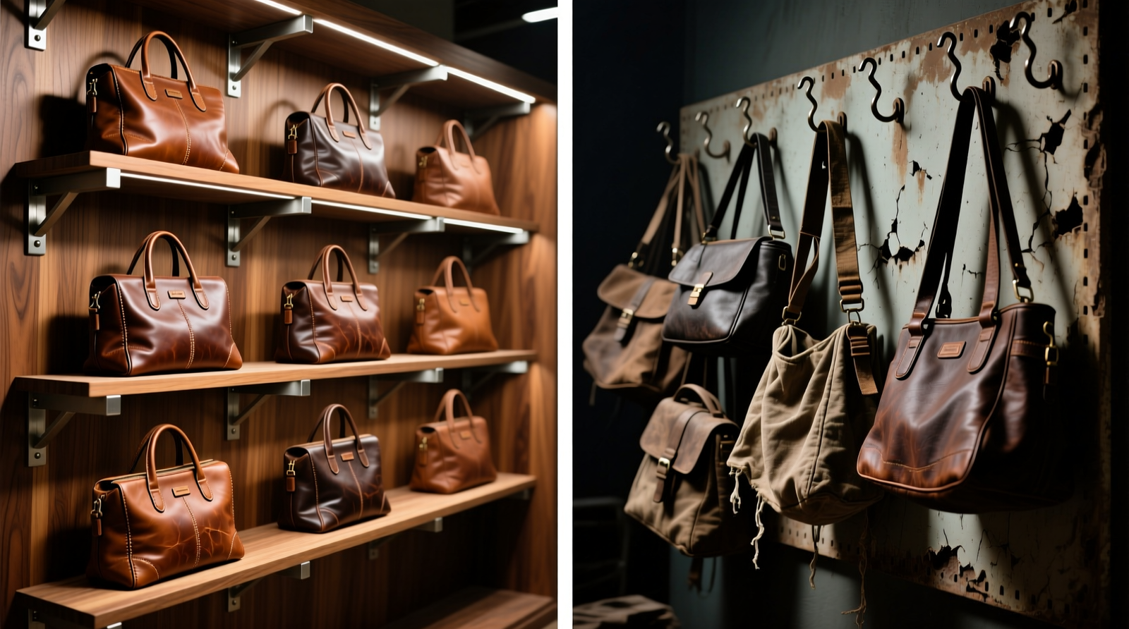 Side-by-side comparison: left shows a clean, fully loaded closet with adjustable shelf brackets holding labeled fabric bins and folded knits at three precise heights; right shows a sagging pegboard with bent pegs, mismatched hooks, and a leaning shoe rack