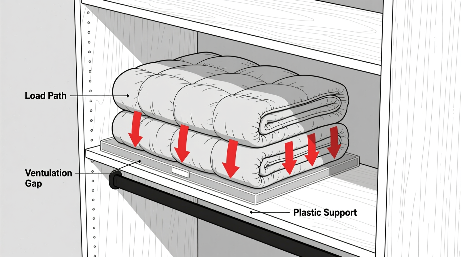 Side-view diagram showing two weighted blankets stacked vertically inside a closet cubby, supported by a rigid ½-inch plastic insert spanning the full width and resting directly on the shelf; arrows indicate downward weight transfer along the folded edge, with airflow gaps visible above and below the stack.