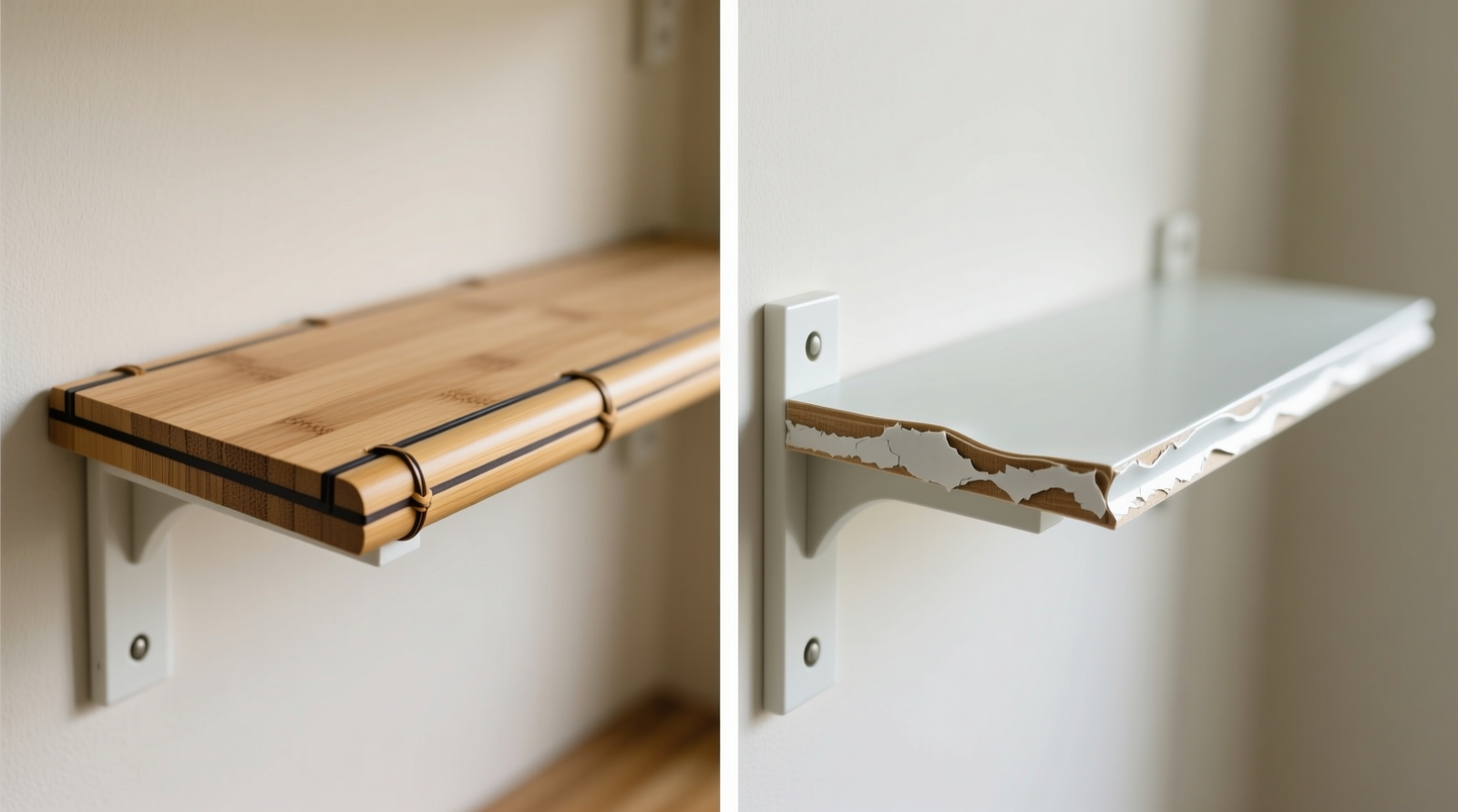 Side-by-side comparison showing sealed bamboo shelf with visible edge sealant and airflow gap versus swollen melamine shelf with white haloing at the front edge