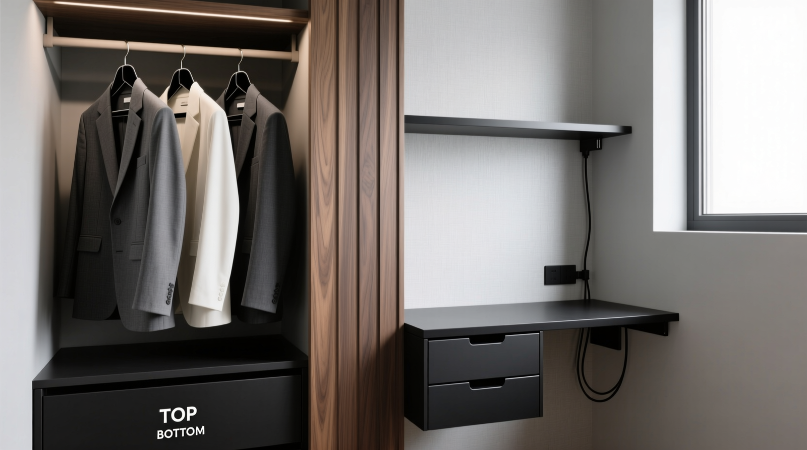 A narrow reach-in closet with a fold-down walnut desktop mounted at eye level, minimalist black hangers holding monochrome clothing below, and shallow matte-gray bins stacked neatly on upper shelves behind a discreet tension rod curtain