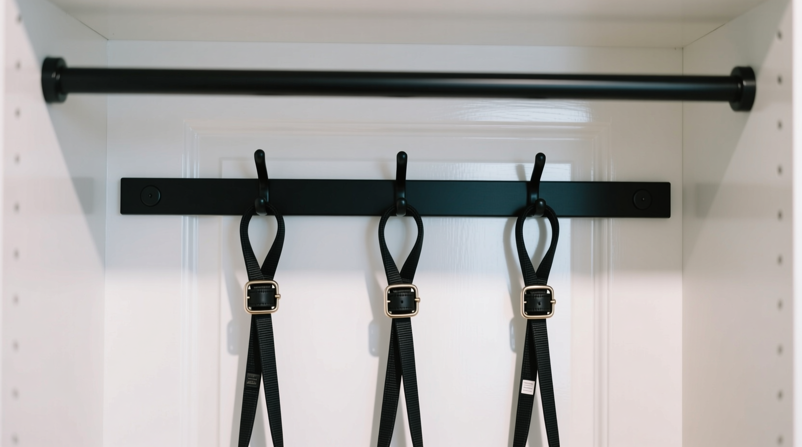 Close-up of a minimalist closet interior showing two matte-black horizontal hook rails mounted on the inside of a white painted closet door; three coordinated nylon leashes hang vertically with collars neatly looped through their handles; no visible tangles, labels, or excess hardware.
