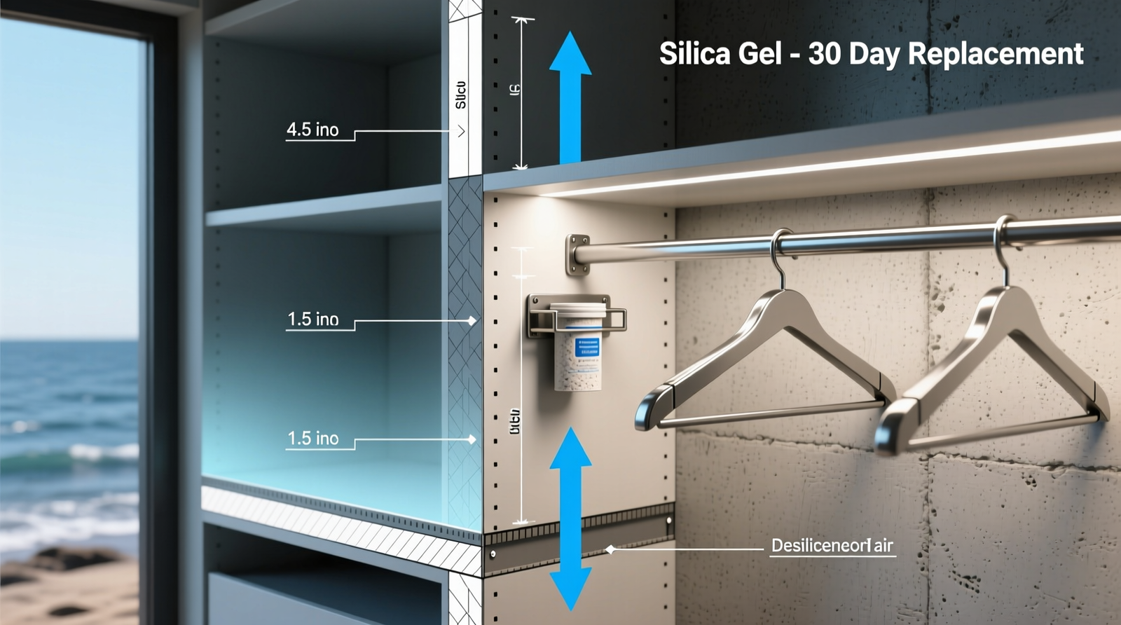 Cross-section diagram of a coastal closet showing airflow barriers: silicone door sweep, sealed back panel, desiccant canister mounted on shelf bracket, and stainless-steel hangers spaced 1.5 inches apart