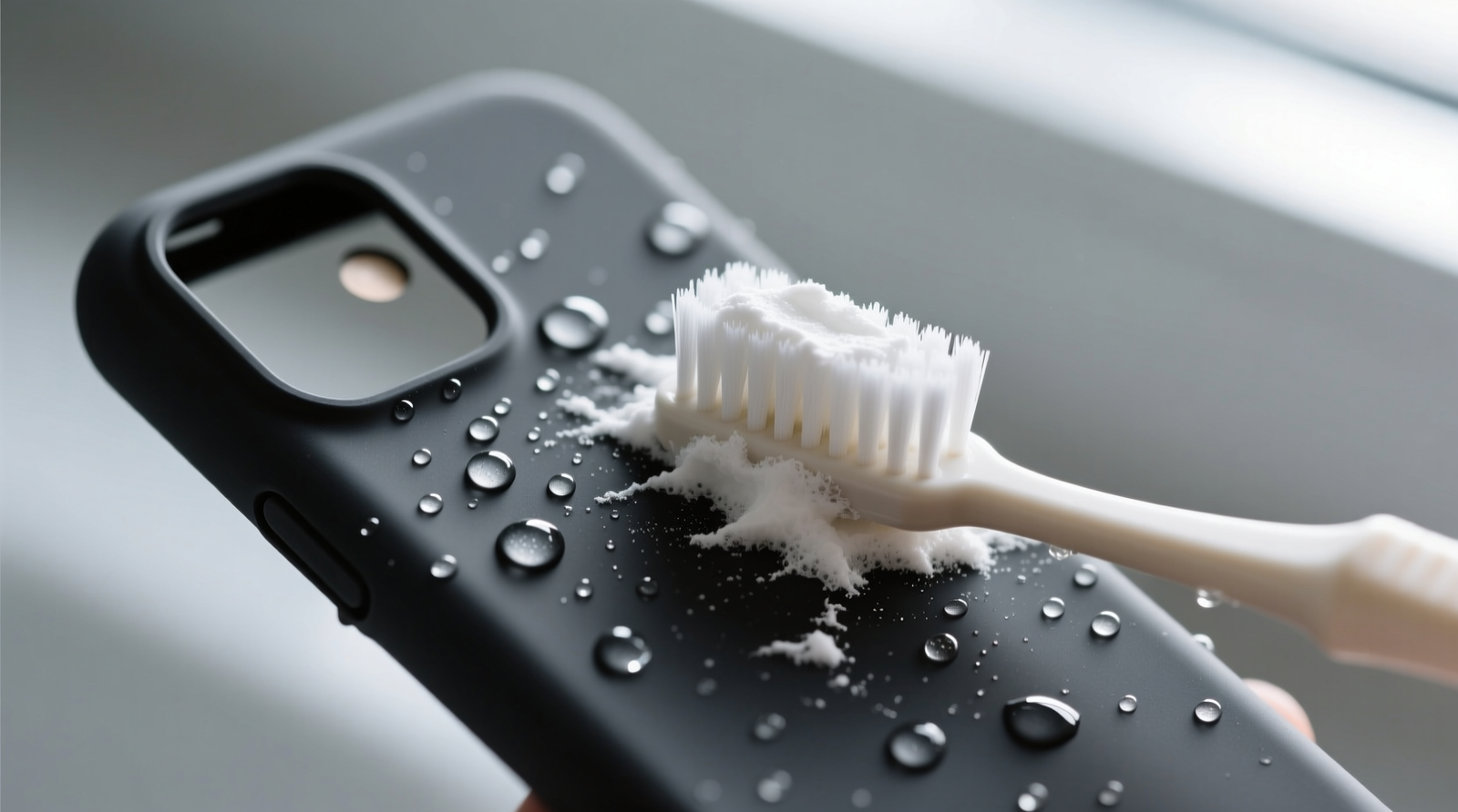 Close-up of a matte black silicone phone case being gently scrubbed with a white baking soda paste using a soft-bristled toothbrush; droplets of distilled water visible on surface, no foam or residue