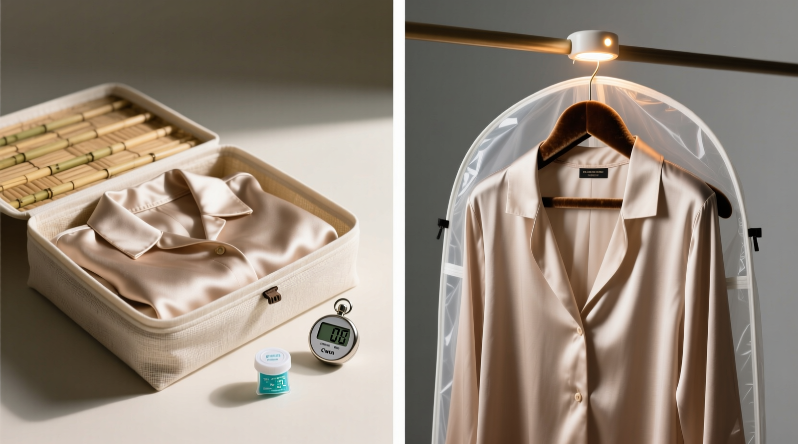 Cross-section diagram showing LED strip placement under top shelf and along baseboard, with matte-white reflective panels on walls and ceiling, illuminating hanging clothes and folded bins evenly—no hotspots or dark corners