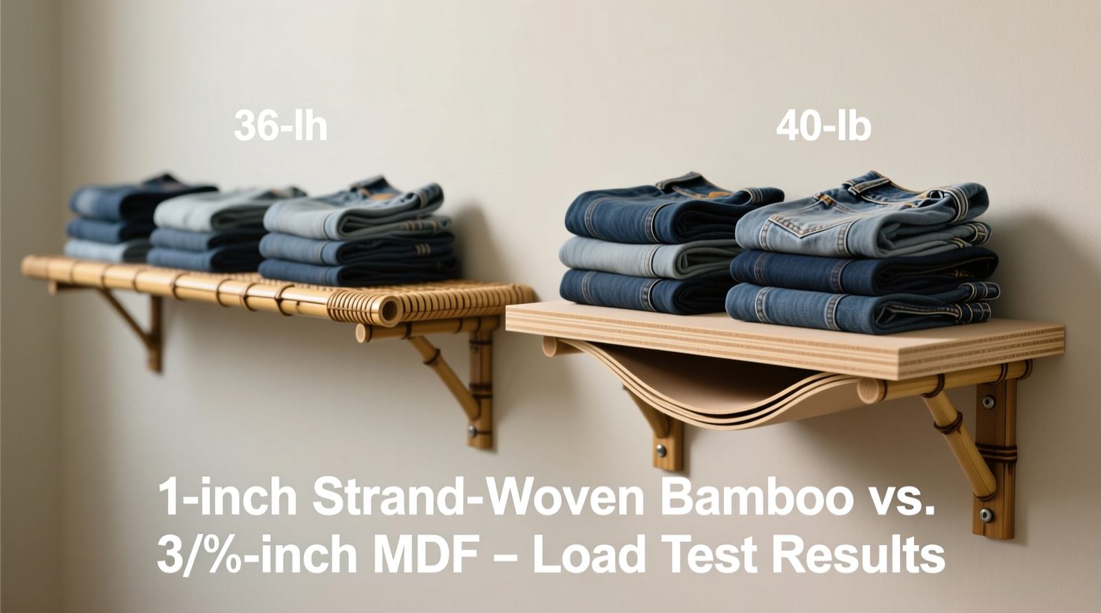 Side-by-side comparison showing a 1-inch strand-woven bamboo shelf and a 3/4-inch MDF shelf, both 36 inches long and loaded identically with 40 lbs of folded denim; the MDF shows visible downward curvature while the bamboo remains flat and rigid