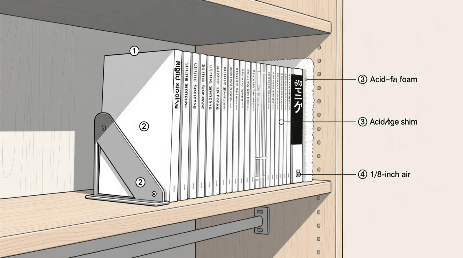 Side-view diagram showing a manga shelf with labeled components: rigid metal bookend at front, acid-free foam shim filling entire rear gap, uniform spine alignment, and 1/8-inch air gap between outermost spine and closet wall