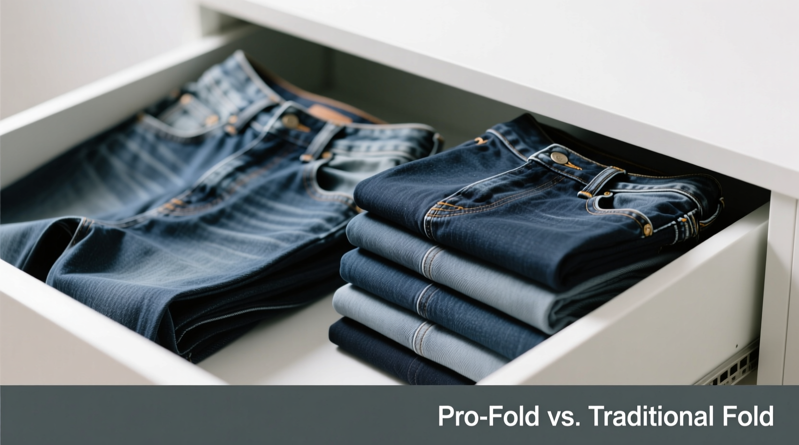 Side-by-side comparison: traditional flat-folded jeans showing deep knee creases versus pro-folded jeans stacked vertically in a drawer, smooth and uniform, with waistband tuck clearly visible