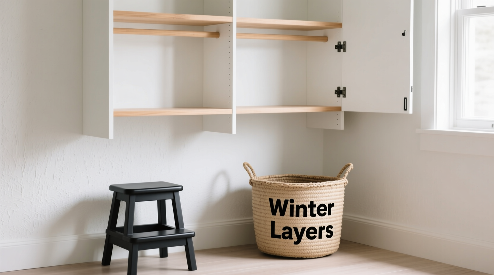 A compact, matte-black folding step stool tucked vertically beside a white closet door, with a neatly labeled linen bin visible on the top shelf it enables access to