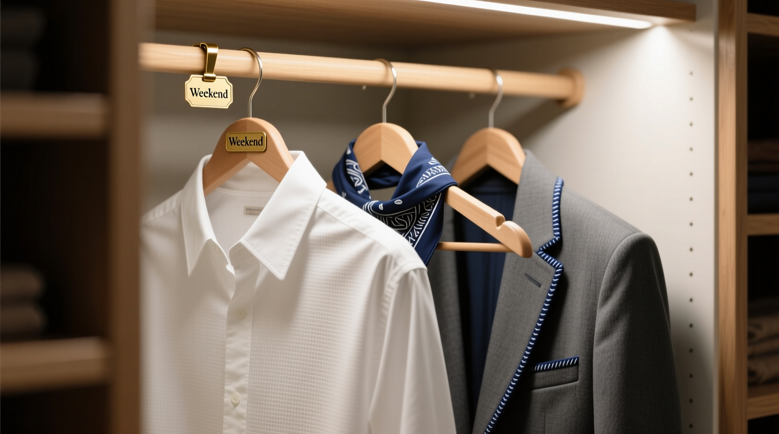 A narrow, well-lit closet section showing three vertically aligned hangers: a crisp white button-down shirt on top, a folded navy bandana clipped neatly beneath it on the same hanger, and a charcoal blazer hung directly below—both garments sharing identical sleeve cuff details and subtle navy thread accents. A small brass tag reads 'Weekend' on the top hanger.