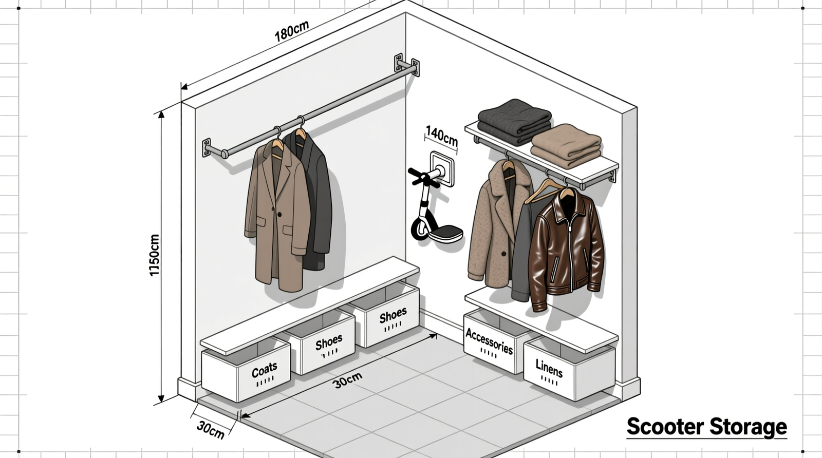 Overhead schematic of a 5-foot-deep walk-in closet showing 36-inch central aisle, dual-height rods, labeled mobility accessory zone with cane hooks and foldable walker slot, and adjacent color-coded garment zones with pull-out shoe trays and shallow drawers for folded sweaters and scarves