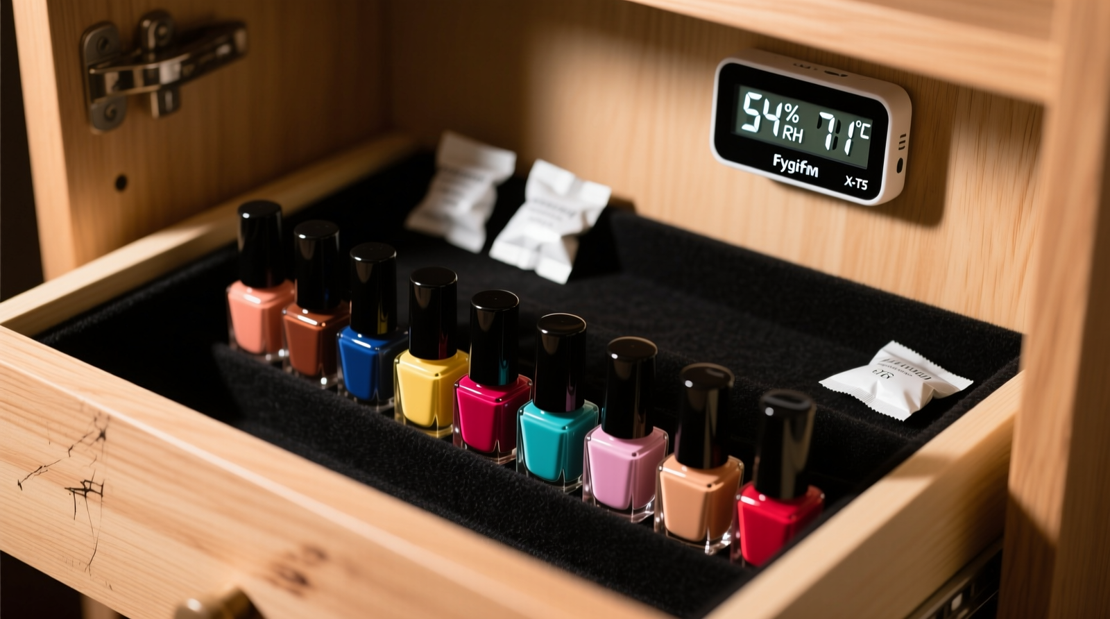 A shallow wooden closet drawer lined with black felt, holding 12 upright nail polish bottles spaced evenly; two small white silica gel packets rest at the rear corners, and a digital hygrometer displays 54% RH and 71°F.
