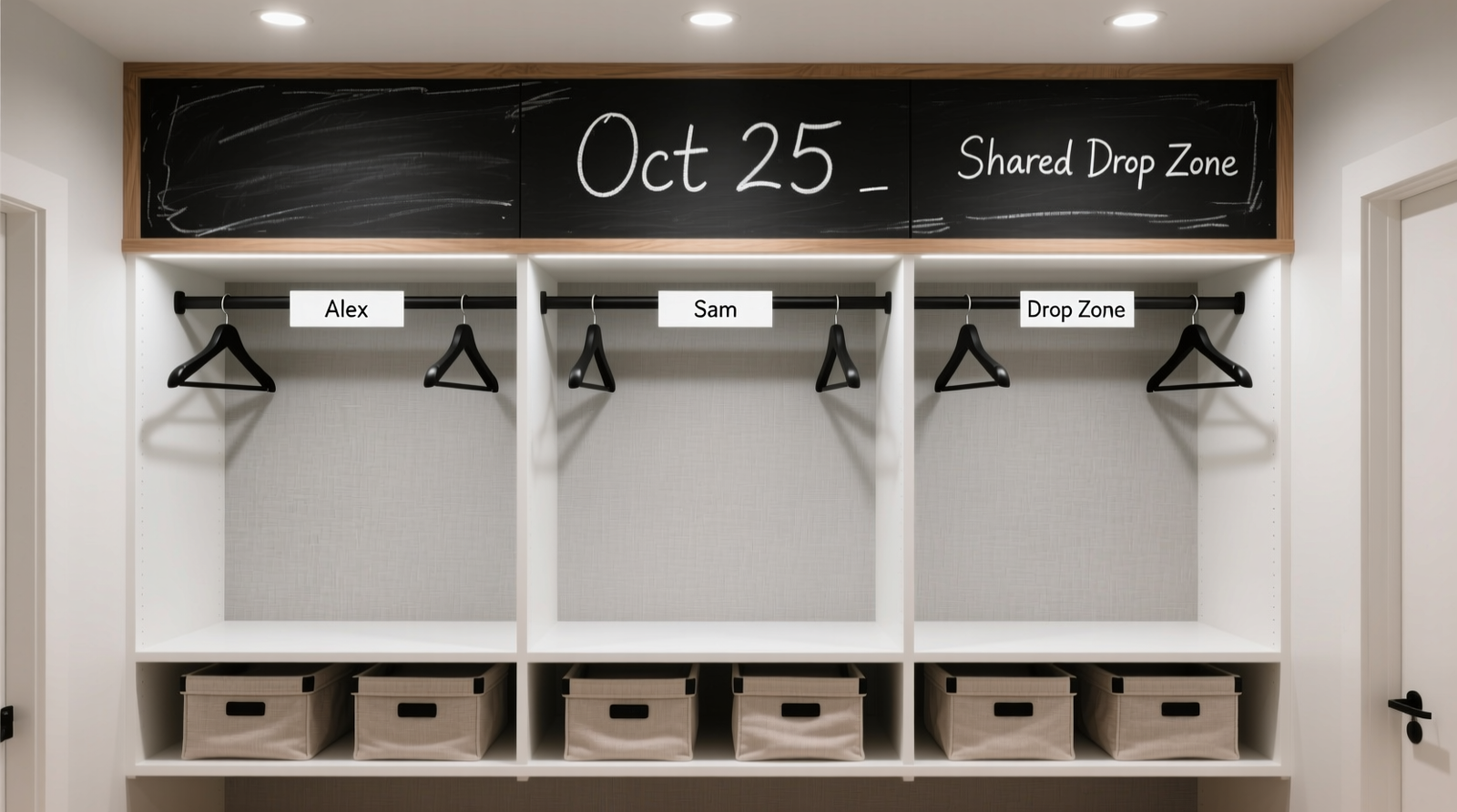 A 72-inch reach-in closet divided into three clean vertical zones with uniform black hangers, labeled 'Alex', 'Sam', and 'Shared Drop Zone'; neutral fabric bins sit on a floating shelf beneath a chalkboard-style date reminder