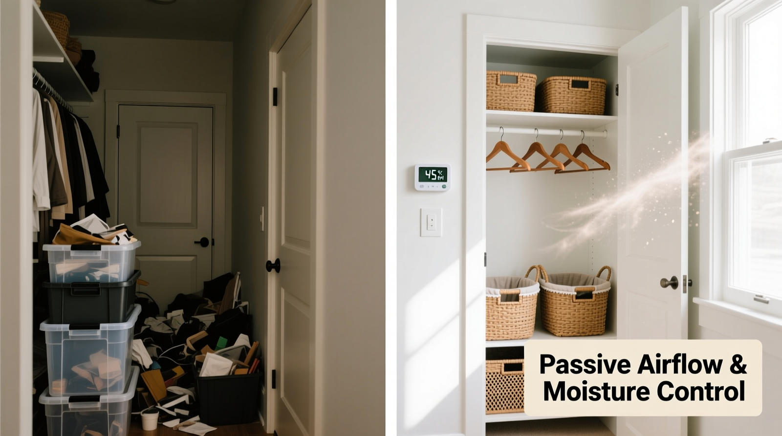 Side-by-side comparison: left shows a cluttered hallway closet with plastic bins and closed door; right shows the same closet organized with open-weave baskets, cedar hangers, visible hygrometer, and door slightly ajar—highlighting passive airflow paths and moisture-absorbing materials