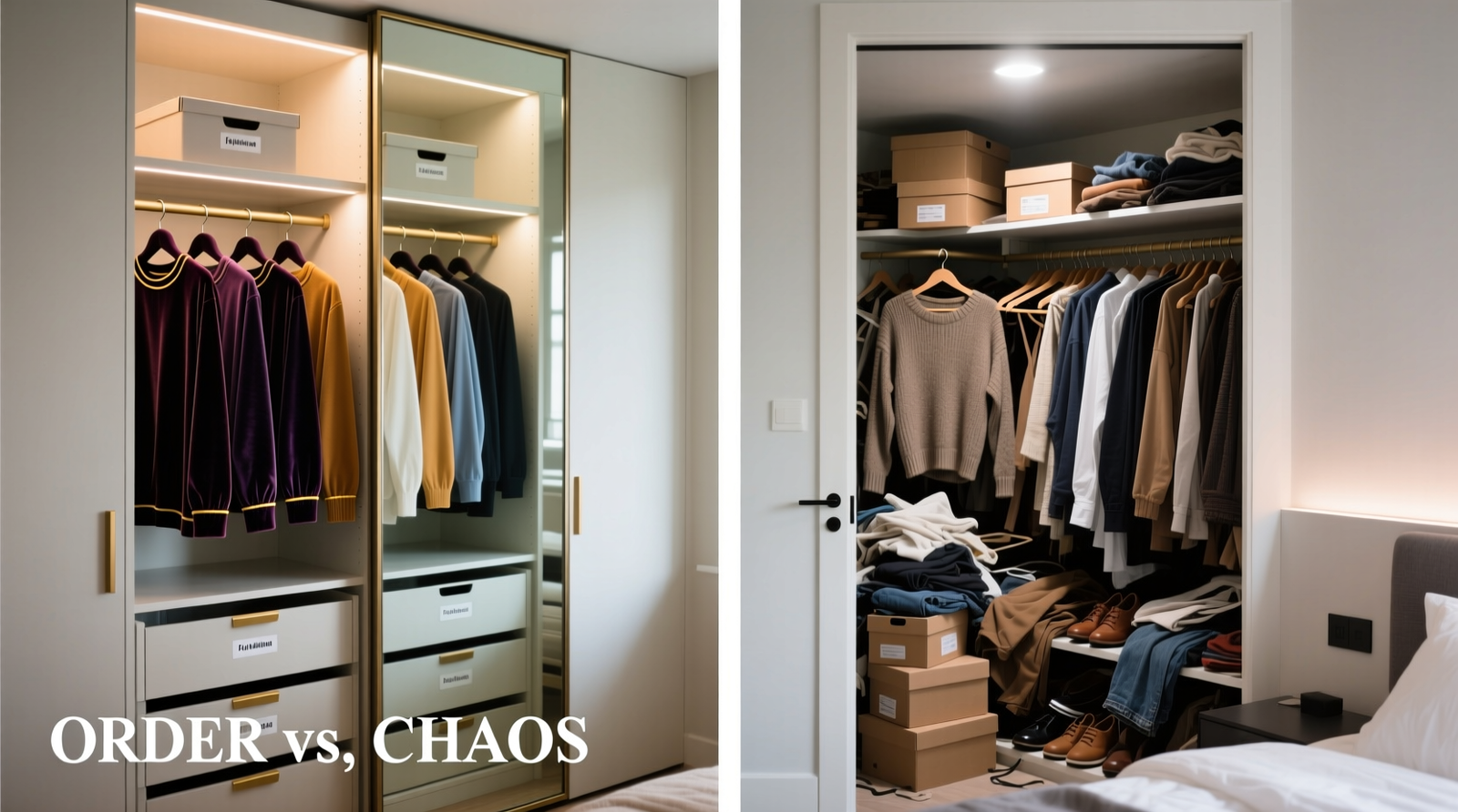 Side-by-side comparison: left shows a mirrored closet door reflecting neatly hung, color-sorted clothing with uniform velvet hangers and labeled shelf bins; right shows the same mirror reflecting tangled hangers, mixed garment types, and visible shoe boxes stacked haphazardly