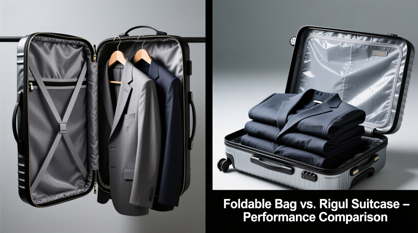 Two side-by-side visuals: left shows a high-quality foldable garment bag fully zipped with three tailored suits hanging inside, fabric smooth and unwrinkled; right shows a rigid suitcase open with the same suits folded tightly, visible creases at shoulders and pant hems, and a faint condensation film on the interior plastic liner