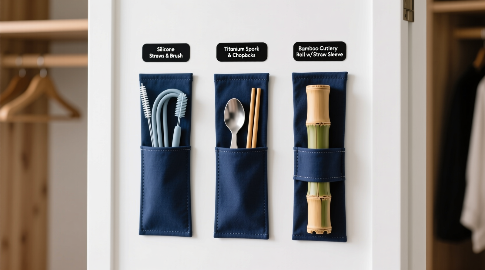 Close-up of a white closet interior door with three slim, navy-blue vertical fabric pouches mounted side-by-side: left pouch holds two coiled silicone straws and a cleaning brush; center holds a folded titanium spork and chopstick set; right holds a compact bamboo cutlery roll with integrated straw sleeve—all clearly labeled with minimalist black typography.