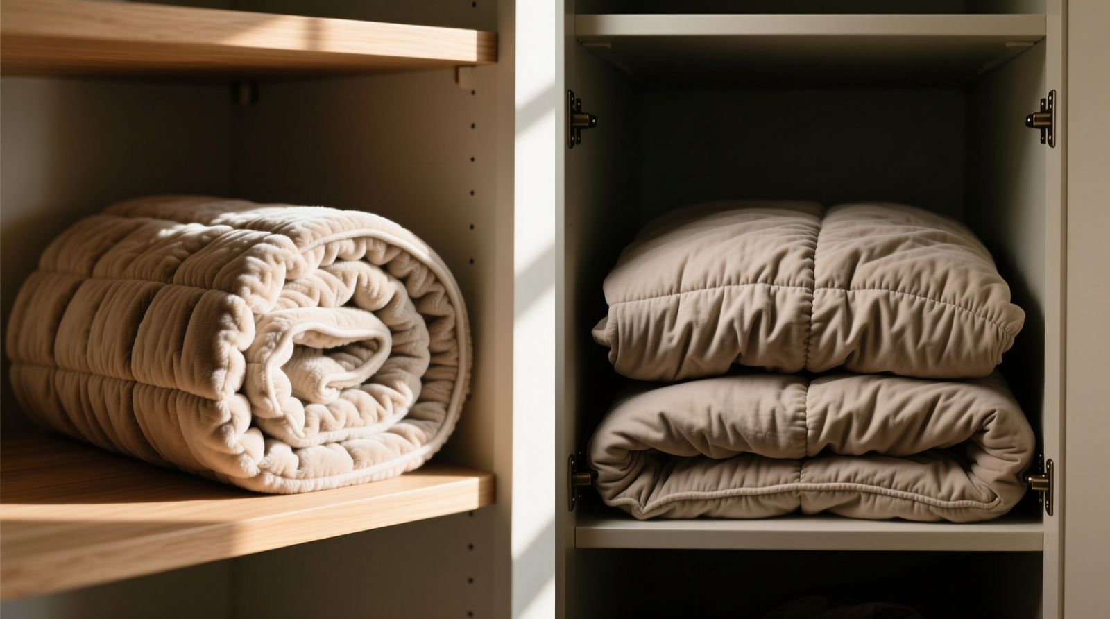 Side-by-side comparison: left shows a weighted blanket vertically folded and loosely rolled on a shallow open shelf; right shows the same blanket crushed under two others in a deep closet bin, with visible seam distortion and fabric buckling.