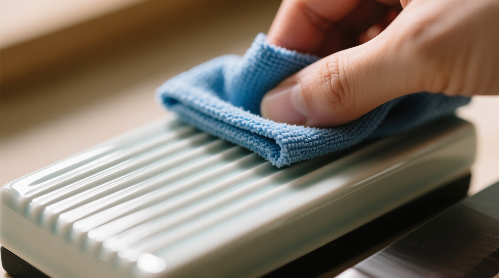 Close-up photograph showing a hand using a folded blue microfiber cloth to wipe a ceramic knife sharpener lengthwise along its parallel ridges, with natural light highlighting the clean, unmarred surface texture