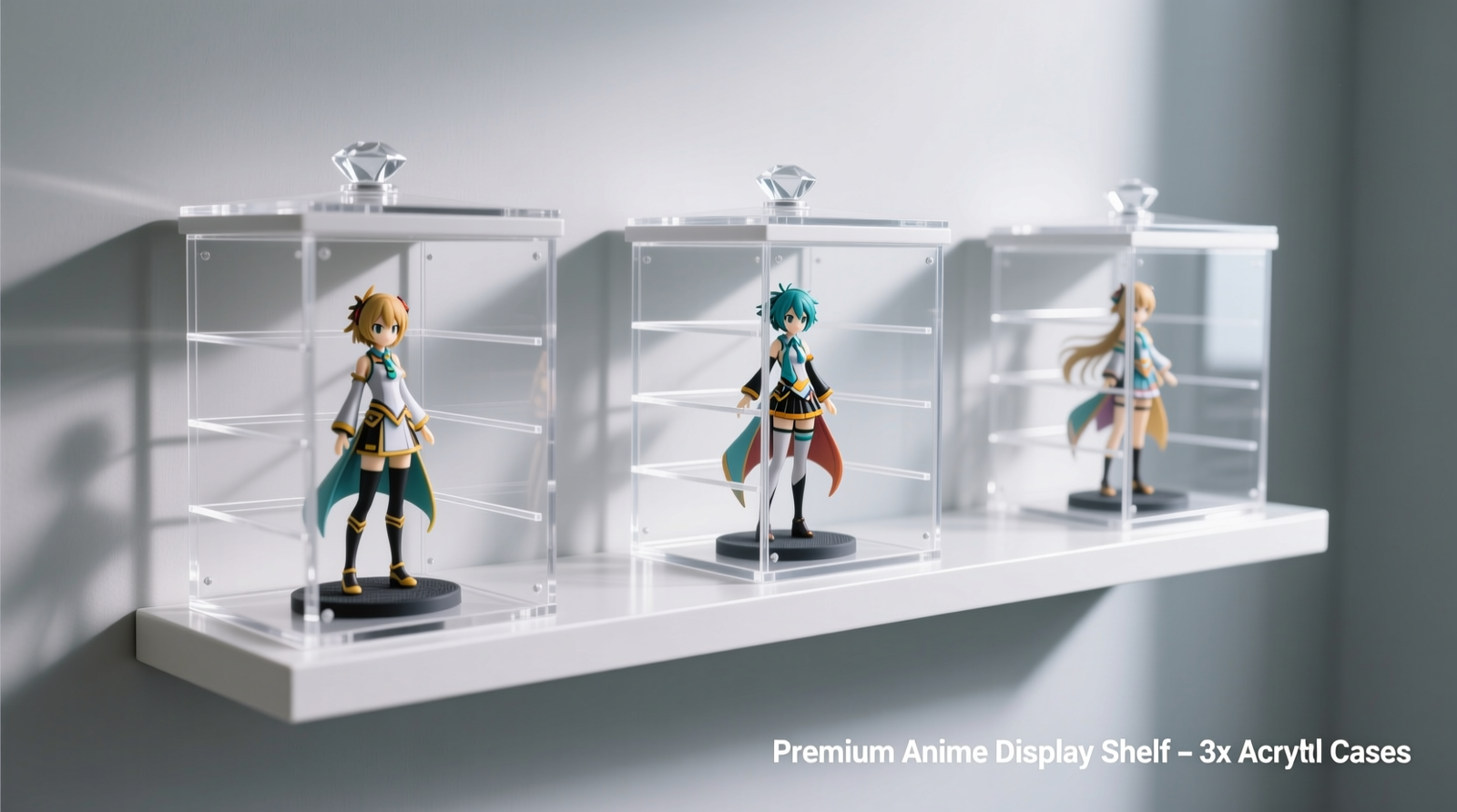 Wall-mounted floating shelf with three identical lidded acrylic display cases, each containing 4–6 anime figures standing upright on non-slip silicone pads, with precisely spaced internal dividers visible through crystal-clear acrylic