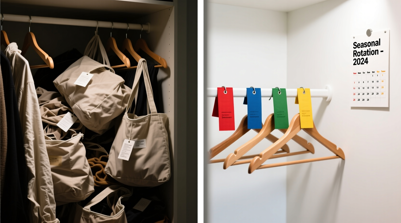 Side-by-side comparison: left shows a cluttered closet with unlabeled garment bags and scattered hangers; right shows a streamlined closet with color-coded fabric tags visible on each hanger and a laminated seasonal calendar mounted beside it
