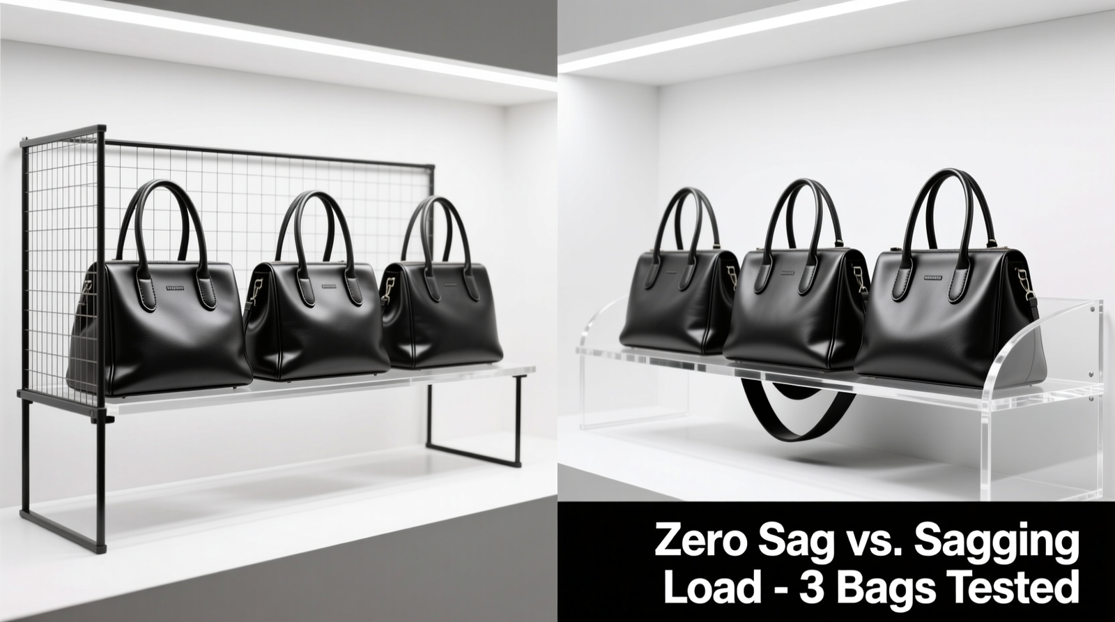 Side-by-side comparison showing zero sag in wire grid panel supporting three structured leather handbags versus pronounced downward curvature in acrylic shelf holding identical bags