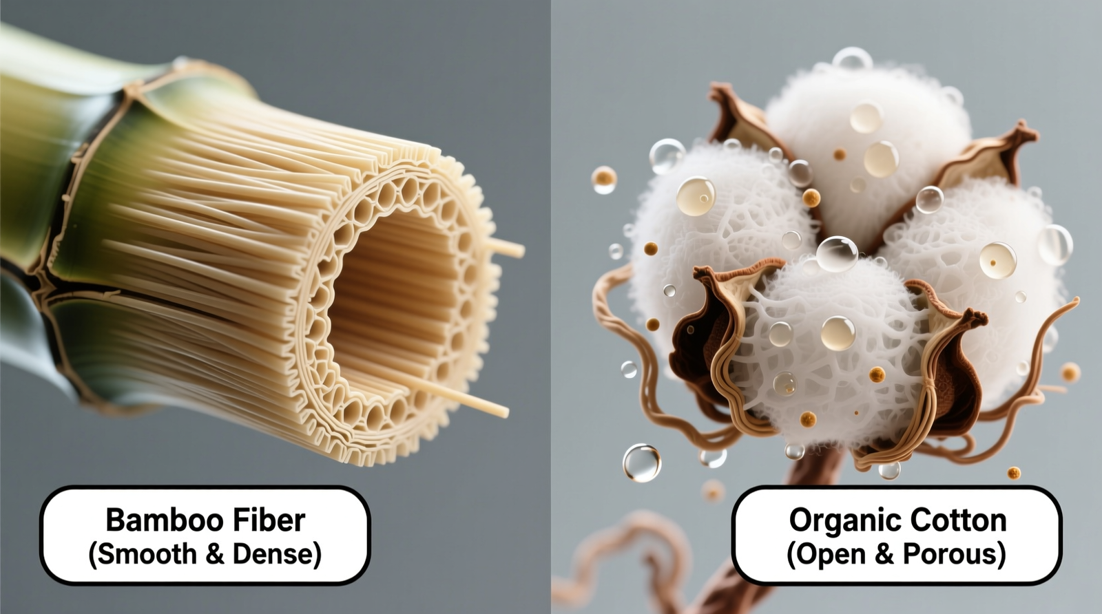 Side-by-side microscopic cross-sections: bamboo fiber showing tight, uniform filaments with no surface pores versus organic cotton revealing open, twisted fibrils trapping moisture and microbes