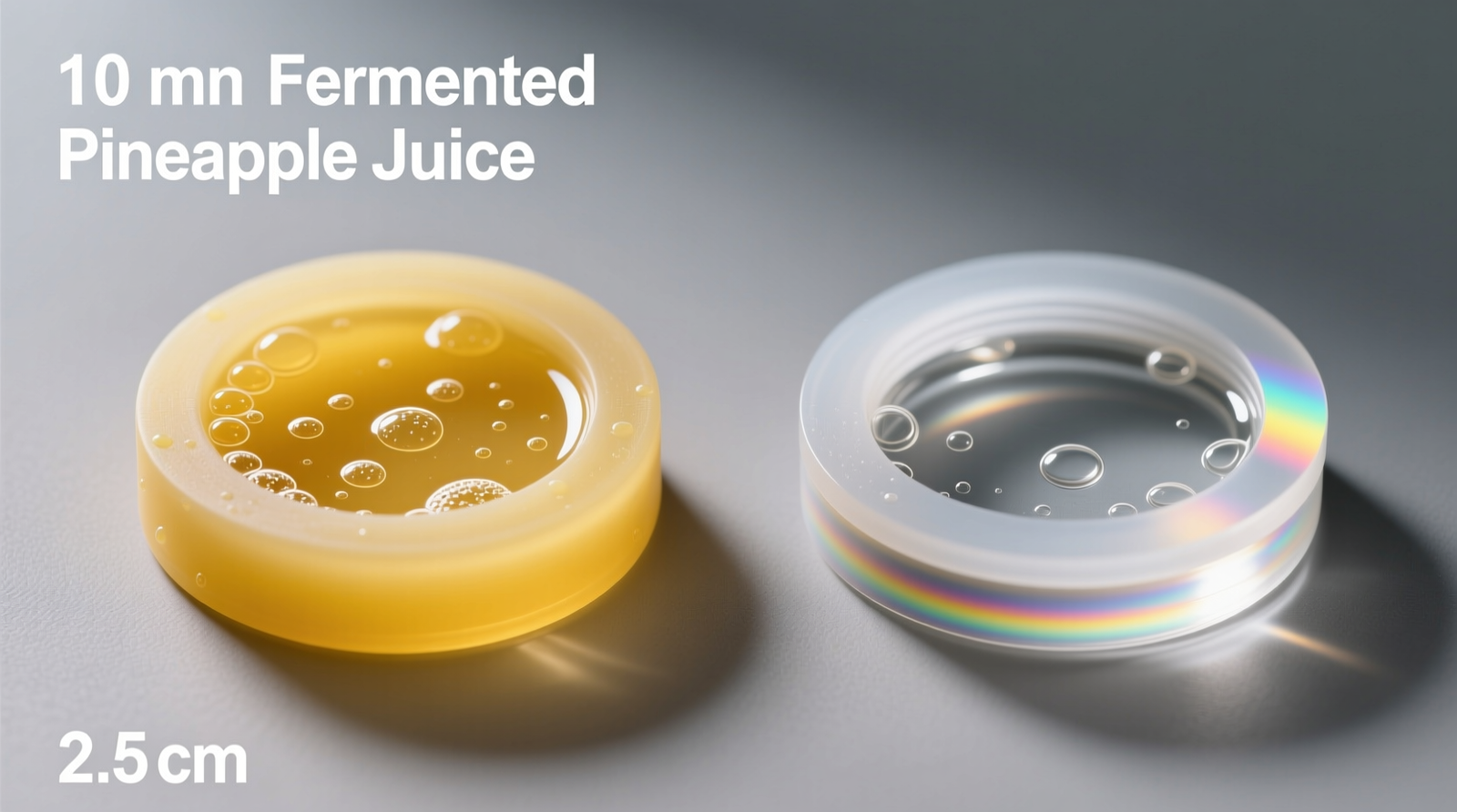 Side-by-side comparison: silicone flange soaked in fermented pineapple juice (left) versus plain water (right), showing visibly reduced haze and improved light refraction on treated surface after 10-minute soak