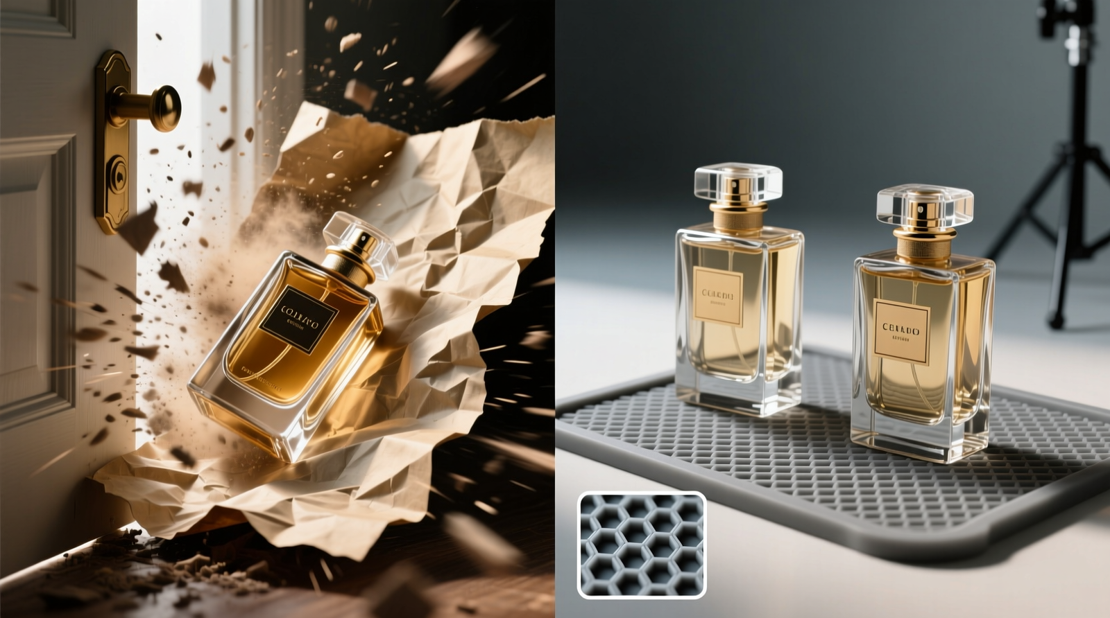 Side-by-side comparison: left shows perfume bottles sliding on wrinkled paper liner after simulated door slam; right shows identical bottles motionless on textured gray silicone grip mat, with close-up inset highlighting micro-texture gripping glass base