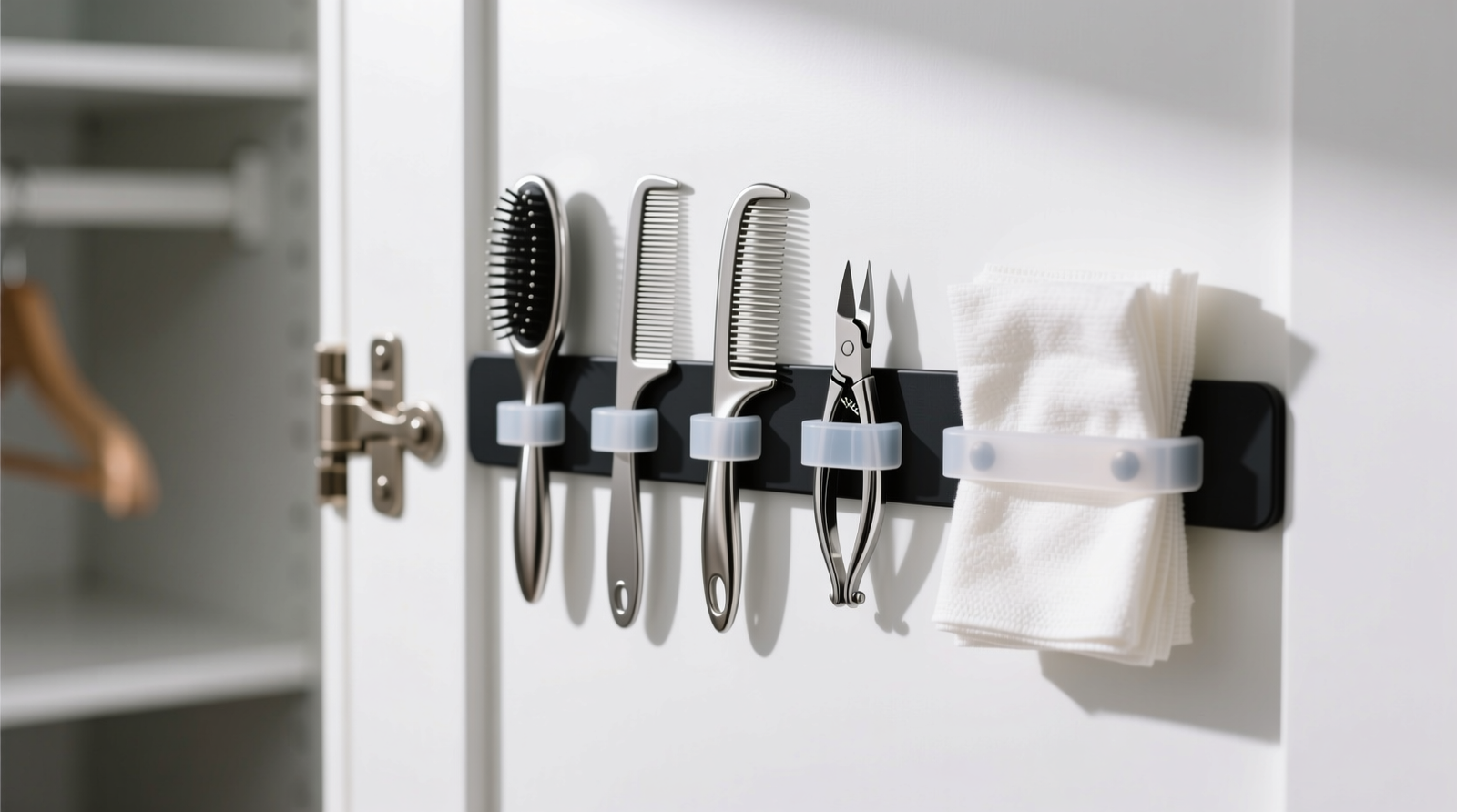 A narrow closet interior showing labeled, matte-finish airtight bins stacked on a ventilated lower shelf, with a charcoal-filtered louver panel visible behind them and stainless steel tools hanging neatly on wall-mounted hooks
