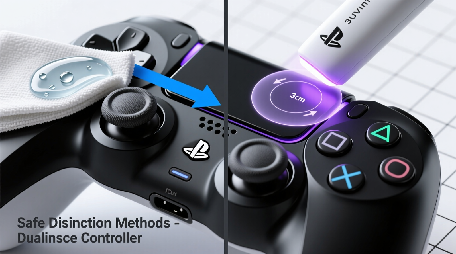 Close-up photo of a microfiber cloth lightly dampened with thyme oil spray being used to wipe the textured grip surface and D-pad of a black gaming controller, with visible droplet dispersion and no pooling or saturation