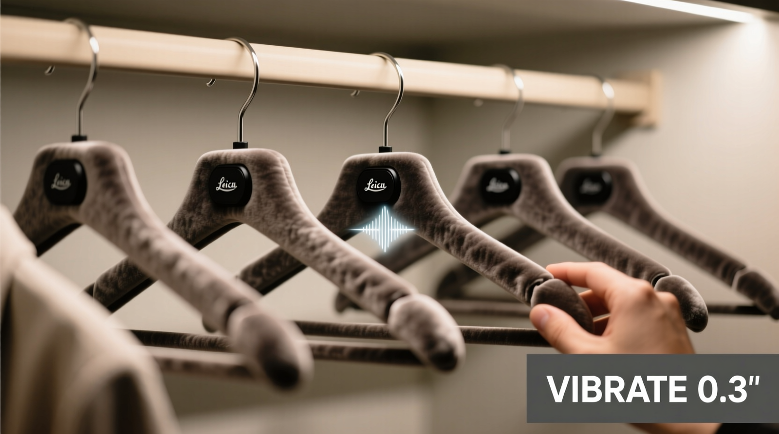 Close-up photo of a minimalist closet with five velvet hangers, each subtly embedded with a matte-black vibration module near the hook; one hanger pulses faintly as a hand approaches, with soft light catching the gentle motion
