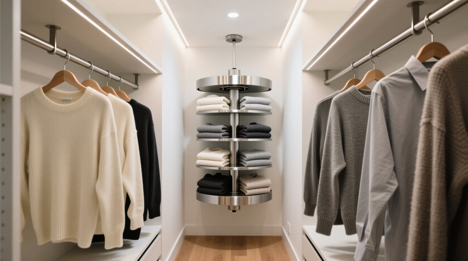 Wall-mounted rotating closet carousel installed in a narrow, shallow apartment closet with white walls, light wood flooring, and neatly spaced slim hangers holding folded sweaters and shirts—demonstrating full visibility and zero floor obstruction