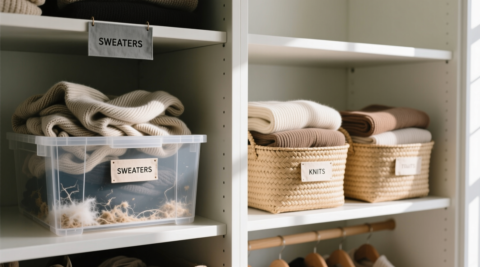 Side-by-side closet shelf: left side shows clear acrylic bins with visible lint, wrinkled sweaters, and uneven stacking; right side shows woven seagrass bins in neutral tones, partially filled with folded knitwear, soft shadows, and linen labels—visually cohesive and serene