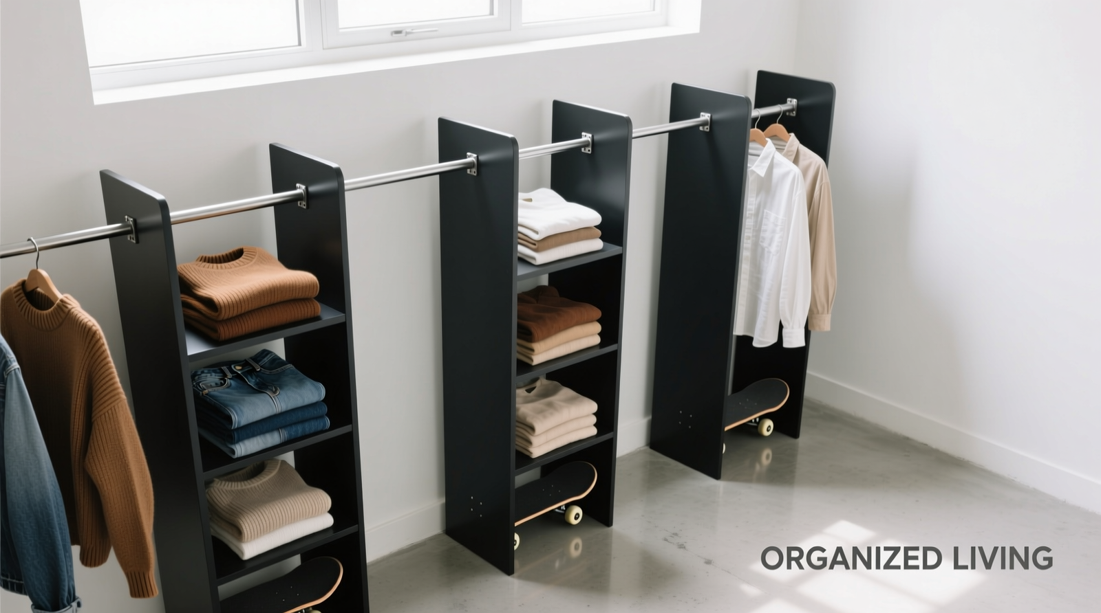Overhead view of a white-walled closet with three matte-black skateboard deck dividers mounted vertically via discreet steel rails; each divider holds neatly folded sweaters, denim, and linen shirts in color-coordinated stacks