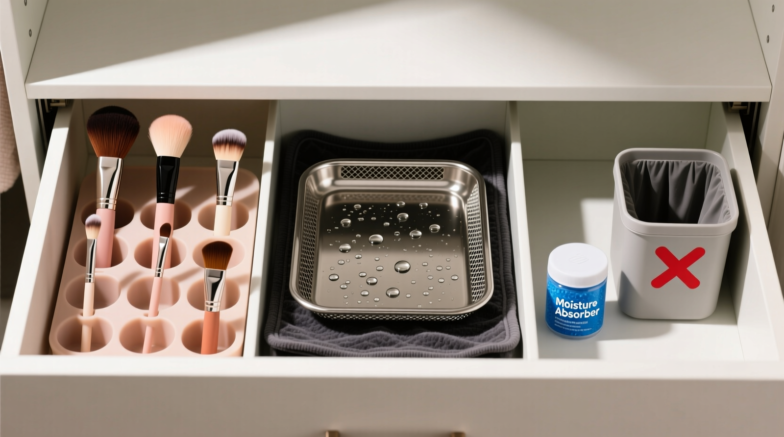 Top-down view of a shallow closet drawer divided into three zones: left section holds makeup brushes upright in flexible silicone slots, center features a raised stainless steel mesh tray resting on a dark microfiber drying pad, right contains a small blue silica gel canister and a labeled discard bin with a red 'X' icon